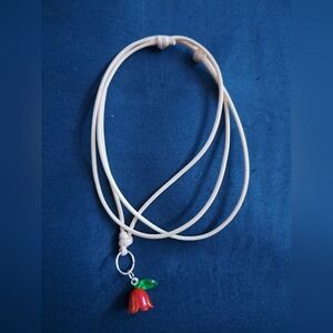 Beige Cord Necklace with Red Flower Charm